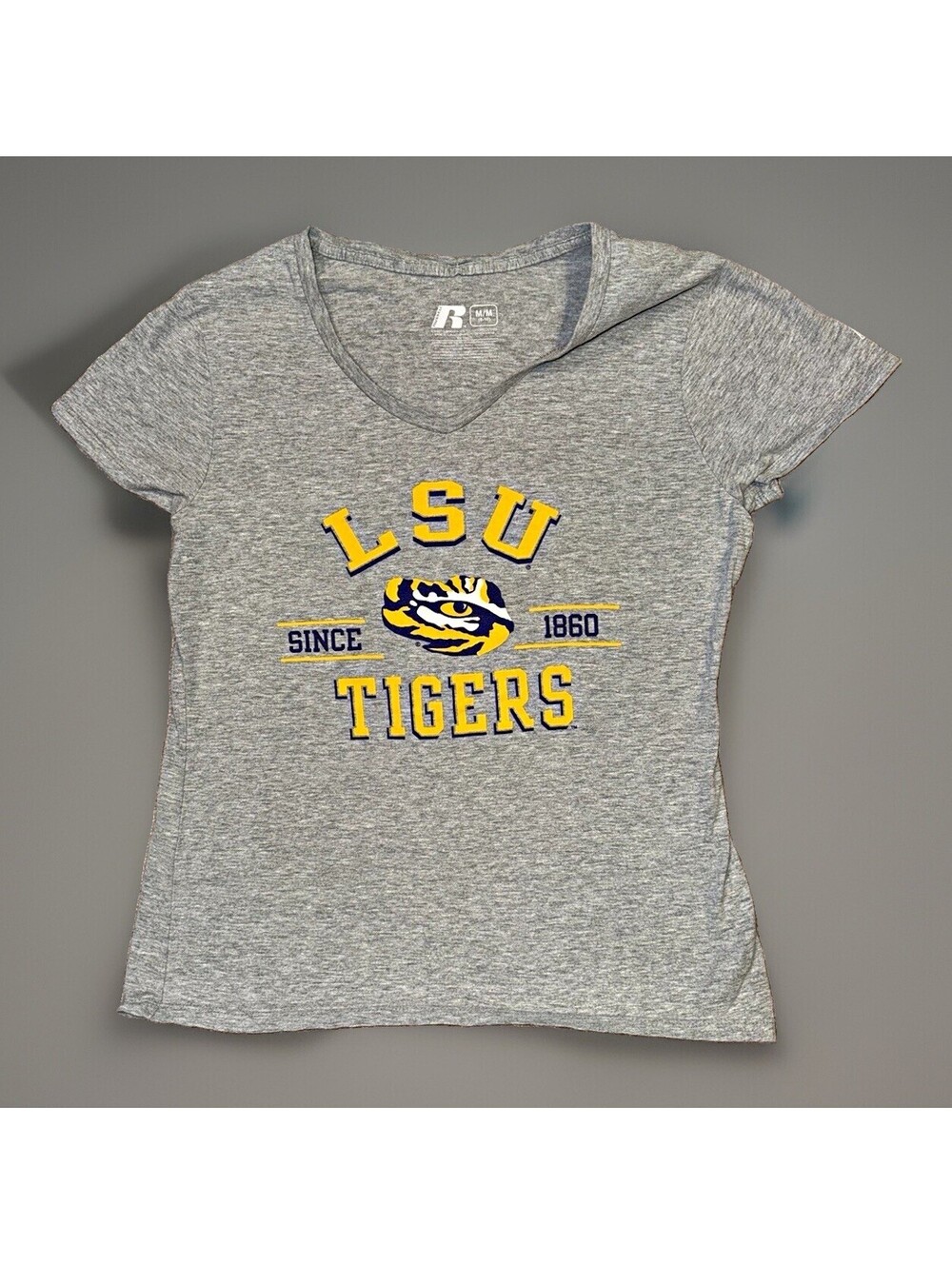 Russell LSU Tigers Women’s Gray V-Neck Shirt M/M (8-10) Yellow Purple